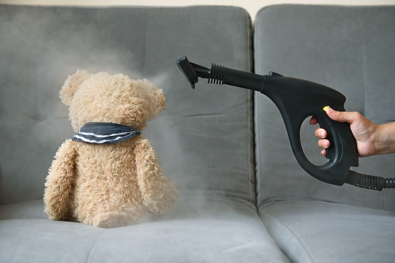 acari della polvere, mano con aspiratore su un peluche sul divano